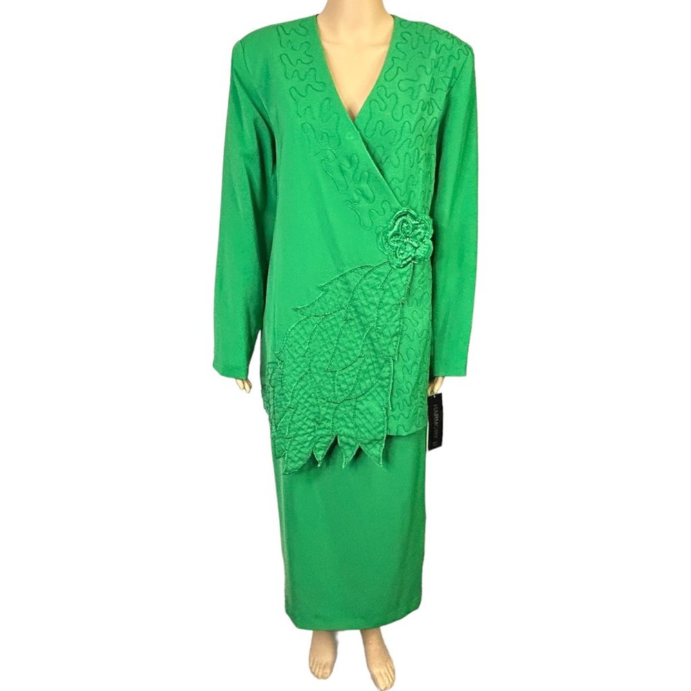Harmony New York Womens 14 Green Embroidered Suit Jacket Blazer Skirt Set Outfit